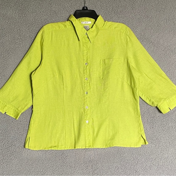 100% Linen Blouse Womens Size XL Flouresent Green Button Up - Picture 2 of 13